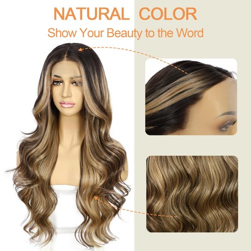 SAPPHIREWIGS Highlight Brown Lace Front Wig Long Wavy Ombre Brown Blonde 13x4 Synthetic Wear And Go Lace Front Wigs for Women Daily Party Use 26 Inches