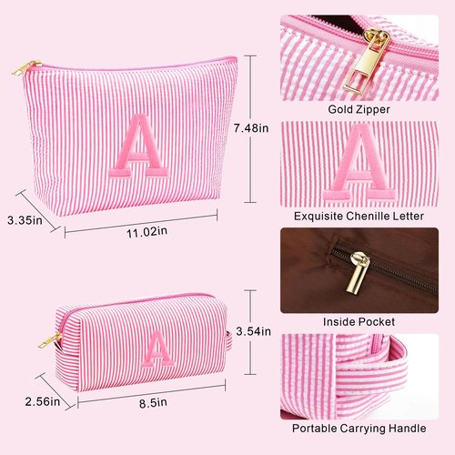 Fohufo Easter Basket Stuffers for Teens Girls - Initial Travel Makeup Bag for Girls, Teen Girl Gifts Trendy Basket Stuff, Easter Gifts for Teens Girls Women, Pink Make up Bag -Letter A