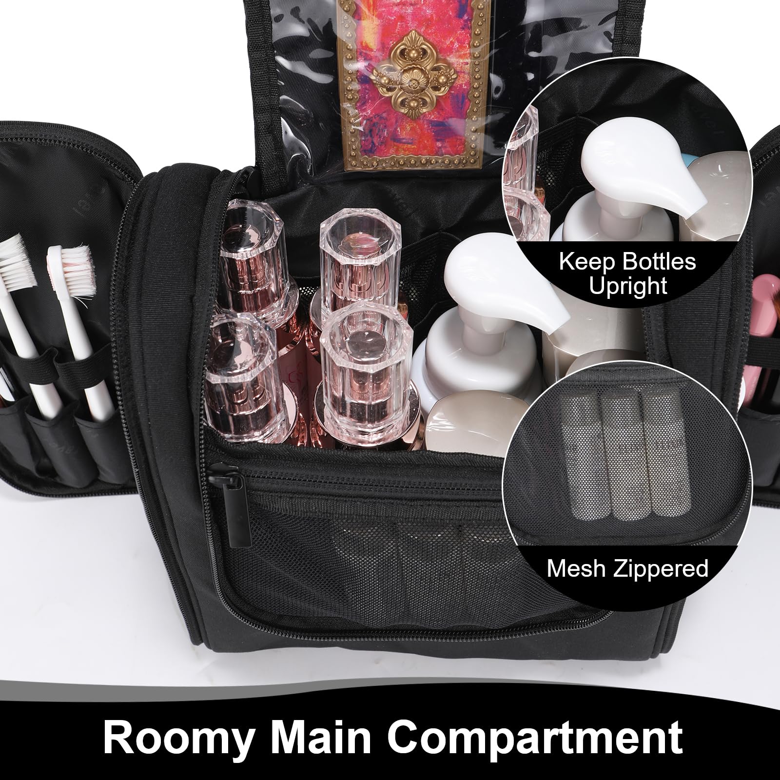 WIBKAE Hanging Toiletry Bag with Hook, Travel Cosmetic Makeup Bag Organizer for Accessories, Shampoo, Shaving Bag for Toiletries Accessories,Travel Essentials Kit (Black)