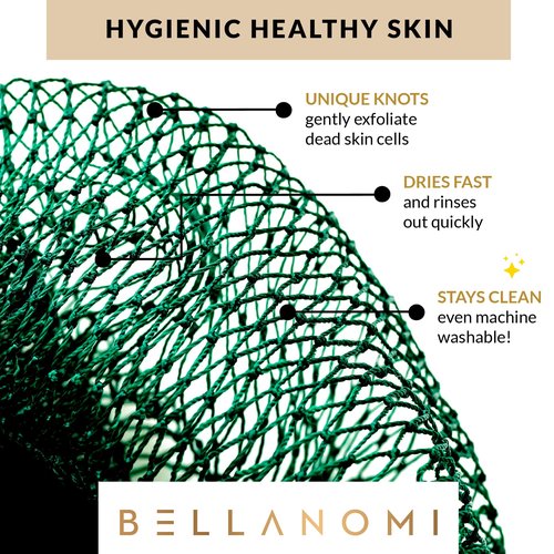 BELLANOMI 4 Piece African Exfoliating Net Sponge Long African Bath Sponge, Authentic Ethically Sourced from Nigeria, Great for Daily Use (Copper Brown, Orange, Green, Yellow)