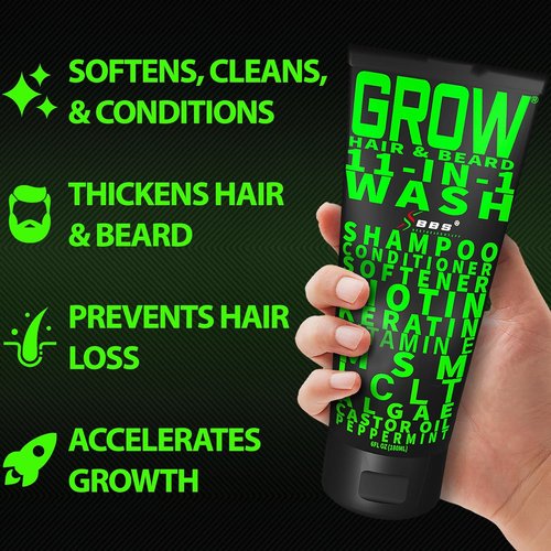 Beard Wash Shampoo & Conditioner 11-in-1 by [Brand Name] - Promotes Thicker Hair & Beard Growth with Biotin, Castor Oil, Peppermint & Keratin