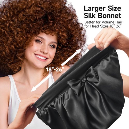Double-Sided 22 Momme 100% Real Mulberry Silk Bonnet for Sleeping Women, Large Hair Care Bonnet for Long Curly Hair, Double Layer Silk Wrap with Soft Elastic Band, Non-Slip Sleep Cap, Jet Black