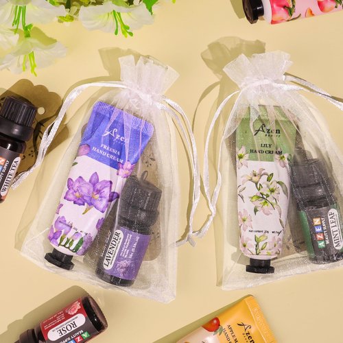 AZEN 30 Sets Bulk Gifts, Hand Cream and Essential Oils Bulk Set with Organza Bag Thank You Card, Baby Shower Wedding Gifts for Guests, Bridal Wedding Favors, Valentines Gift for Women
