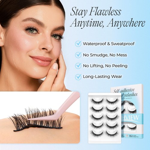 LASHVIEW Self Adhesive Eyelashes Natural Look, 5 Pairs Press On Lashes No Glue Need Eyelashes, Reusable Wispy False Lashes with Replacement Adhesive Strips (ZN122)