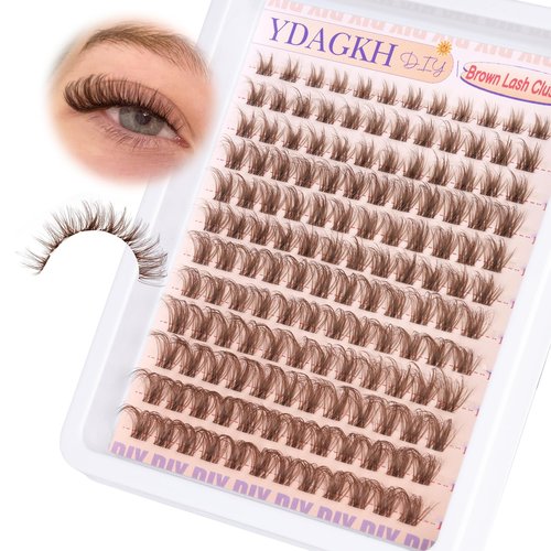 Brown Lash Clusters Natural Eyelash Clusters Invisible Band Wispy Lash Extension 8-16mm D Curly Cluster Eyelash Extensions Clear Band Individual Clusters Lashes DIY Volume Dark Brown Eyelash Extension