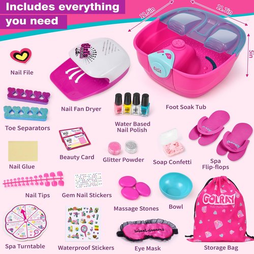 Golray Kid Foot Spa & Nail Kit, Girl Gift for 5 6 7 8-12 Year Old Toys Manicure Pedicure Art Salon, Massage Bubble & Music Foot Soak Tub, Spa Day Sleepover Party Supply Christmas Girl Birthday Gift