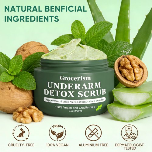 Armpit Detox Scrub & Underarm Exfoliator - Walnut Shell, Menthol & Aloe Vera Body Scrub for Odor, Deodorant Buildup, and Dark Spots - Moisturizing Formula for Sensitive Skin, Vegan 8.8 oz