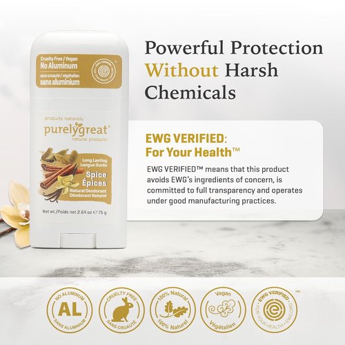 Purelygreat Natural Deodorant Stick - Spice Scented, Paraben & Aluminum Free | Travel Friendly - 2.64 oz / 75 g