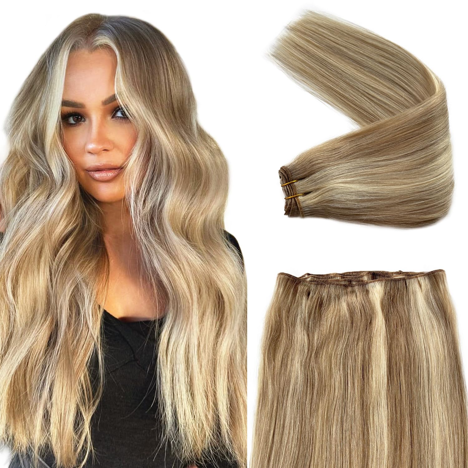 Weft Hair Extensions Sew in Real Human Hair Bundle Ash Blonde and Platinum Human Hair Extensions Hand Tied 12 Inch 80G Soft Straight Sew in Bundles Mixed with Blonde Highlights for Length/Volume