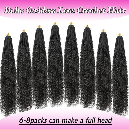 Goddess Locs Crochet Hair 18 Inch Faux Locs Crochet Pre-looped Boho Faux Loc with Curly Ends 8 Packs Long Bohemian River Loc Crochet Hair for Black Women(18Inch,1B#)