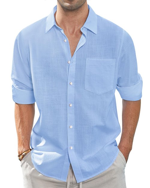 J.VER Men's Half Sleeve Linen Shirt Solid Casual Button Down Shirts Summer Beach Tops with Pocket Light Blue XX-Large