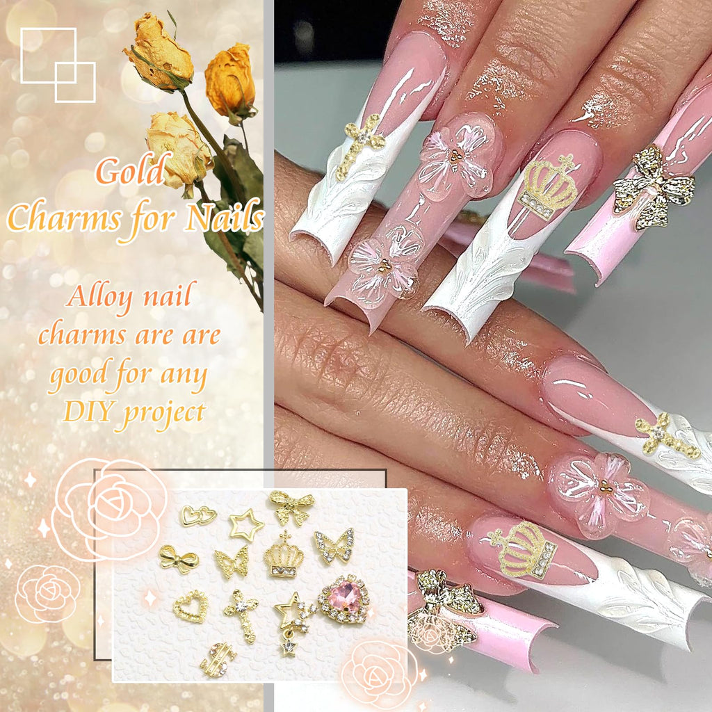 YAEISM 180PCS Gold Nail Charms: Cross Crystal Star, 3D Gold Butterfly, Sparkly Crown, Shiny Dollar Sign, Bling Cross Bowknot Starlight for Nail Art and DIY