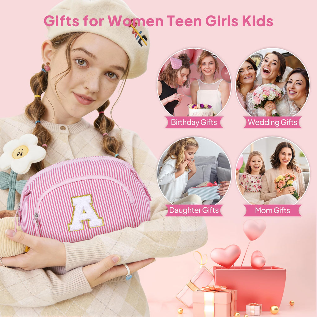 YOOLIFE Easter Gifts for Teens Girls Kids, Initial Travel Makeup Bag Cosmetic Bag Pink | Teen Girl Gifts, Gift for Women Friend Birthday Gift 11 12 13 14 15 Year Old Girl Easter Basket Stuffers Pink A
