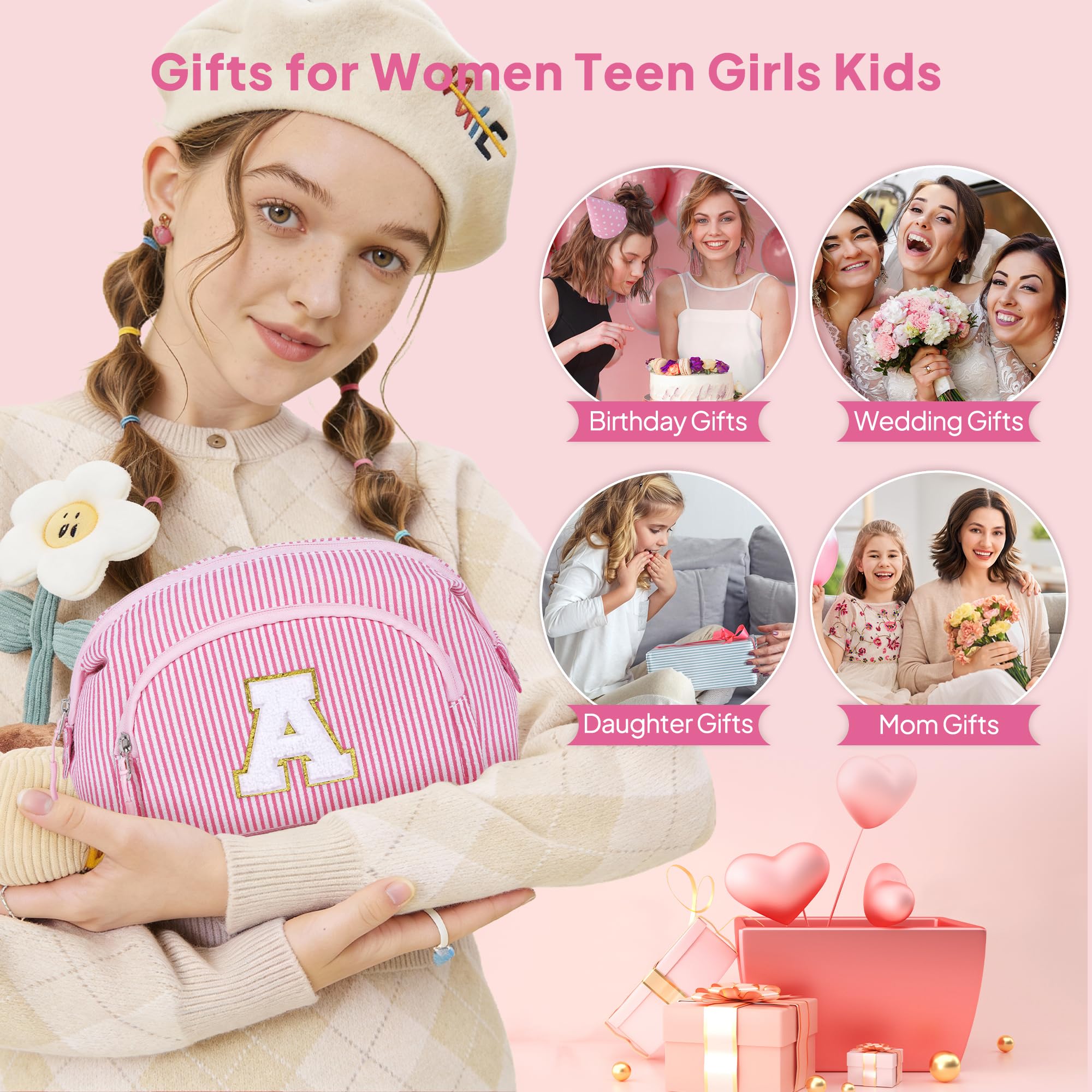 YOOLIFE Easter Gifts for Teens Girls Kids, Initial Travel Makeup Bag Cosmetic Bag Pink | Teen Girl Gifts, Gift for Women Friend Birthday Gift 11 12 13 14 15 Year Old Girl Easter Basket Stuffers Pink A