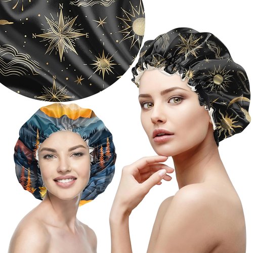 Deokke 2 PCS Bonnets for Women Girls Satin Hair Bonnet Silk Adjustable Elastic Double Layer Hair Wrap Sleep Cap Comfort Cute-Sun Moon Sunset