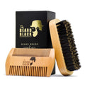 Beard Brush & Comb Set for Men - Natural Boar Bristle Brush, Dual Action Pear Wood Comb, Gift Box & Travel Pouch. Enhances Growth & Styling with Balm Oil Distribution by The Beard Black (Black)