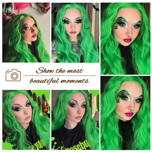 SAPPHIREWIGS 13×4 Green Synthetic Lace Front Wigs Long Body Wave Wig Pre Pluked Hairline Heat Resistant Hair for Women Wedding Party Christmas Uses 26inch