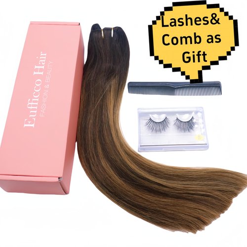 Eufficco Real Human Hair Lace Clip In Hair Extensions Thick ends Ombre Piano Color Dark Brown Roots/Chestnut Blonde 14inch 100g Highlights Balayage Double Wefted Silky Soft Human Hair Extensions