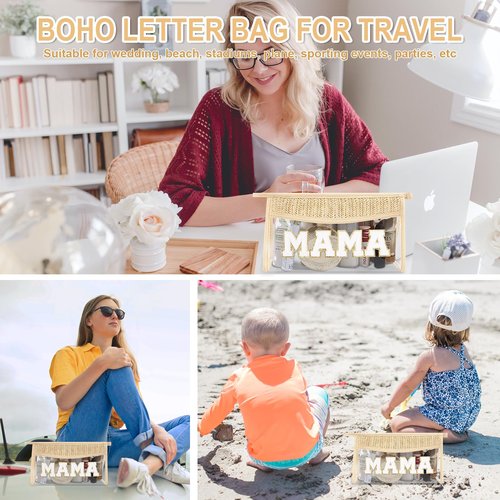 Iqimott Clear Patch Makeup Letter Bag, Boho Letter Bag for Beach Swim, Waterproof Zipper Make up Bags Toiletry Pouch for Women Girls, Clear Letters Patch Cosmetic Bags for Travel(Mama, Beige)