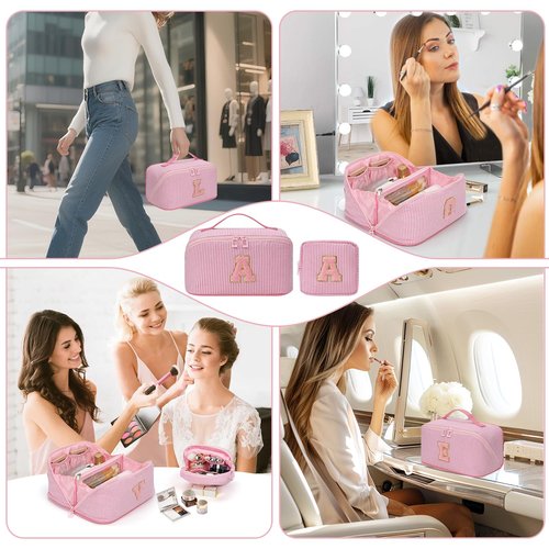 Easter Basket Gifts for Girls Women - Travel Makeup Bag for Women, 2Pcs Portable Personalized Initial Makeup Organizer Bag, Open Flat Large Cosmetic Bag With Travel Essential Pouch (Pink Letter A)