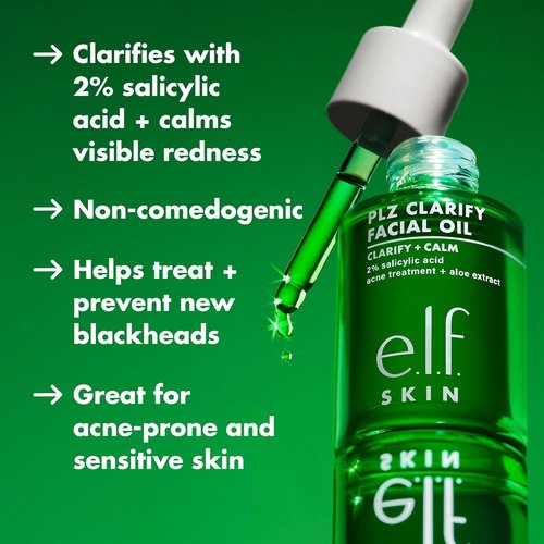 e.l.f. SKIN PLZ Clarify Facial Oil - Acne Treatment & Redness Relief with Salicylic Acid | 1 oz Vegan