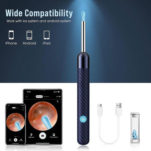 LEIPUT Ear Wax Removal - Earwax Remover Tool with 8 Pcs Ear Set - Ear Canal Cleaner with 1080P Camera - Ear Cleaning Kit with 6 Ear Spoon - Ear Camera for iOS & Android (Navy Blue)