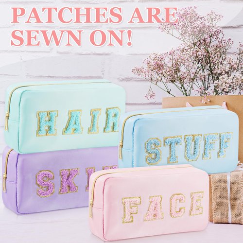 4 Pcs Travel Toiletry Bags for Women Preppy Makeup Bags Organizer Face Skin Hair Stuff Chenille Letter Pouch with Zipper Aesthetic Waterproof Skin care Hair Bag for Women Gifts
