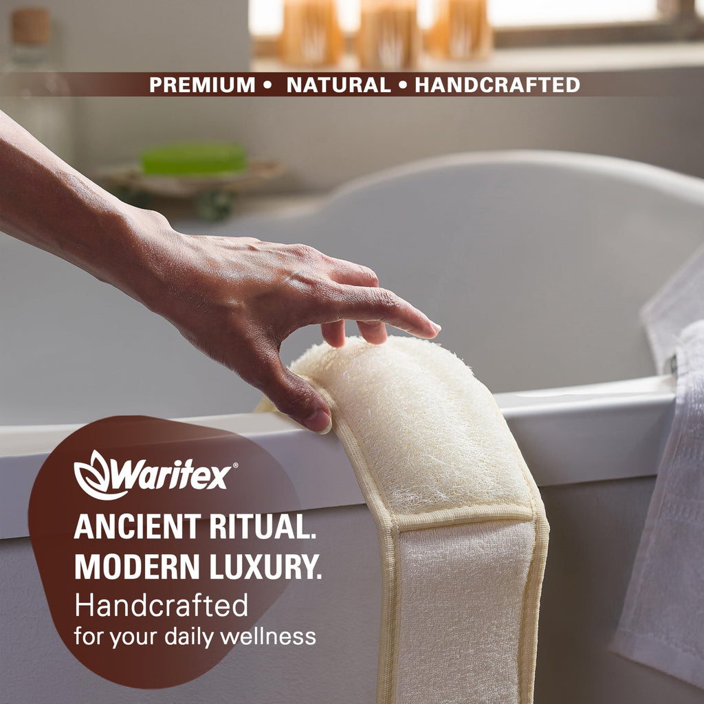 Waritex Natural Egyptian Loofah Back Scrubber for Shower, Extra-Long Exfoliating Strap Made with Natural Egyptian Loofah Fibers, Deep Cleaning Body Sponge for Men and Women – Soft Cotton Handles