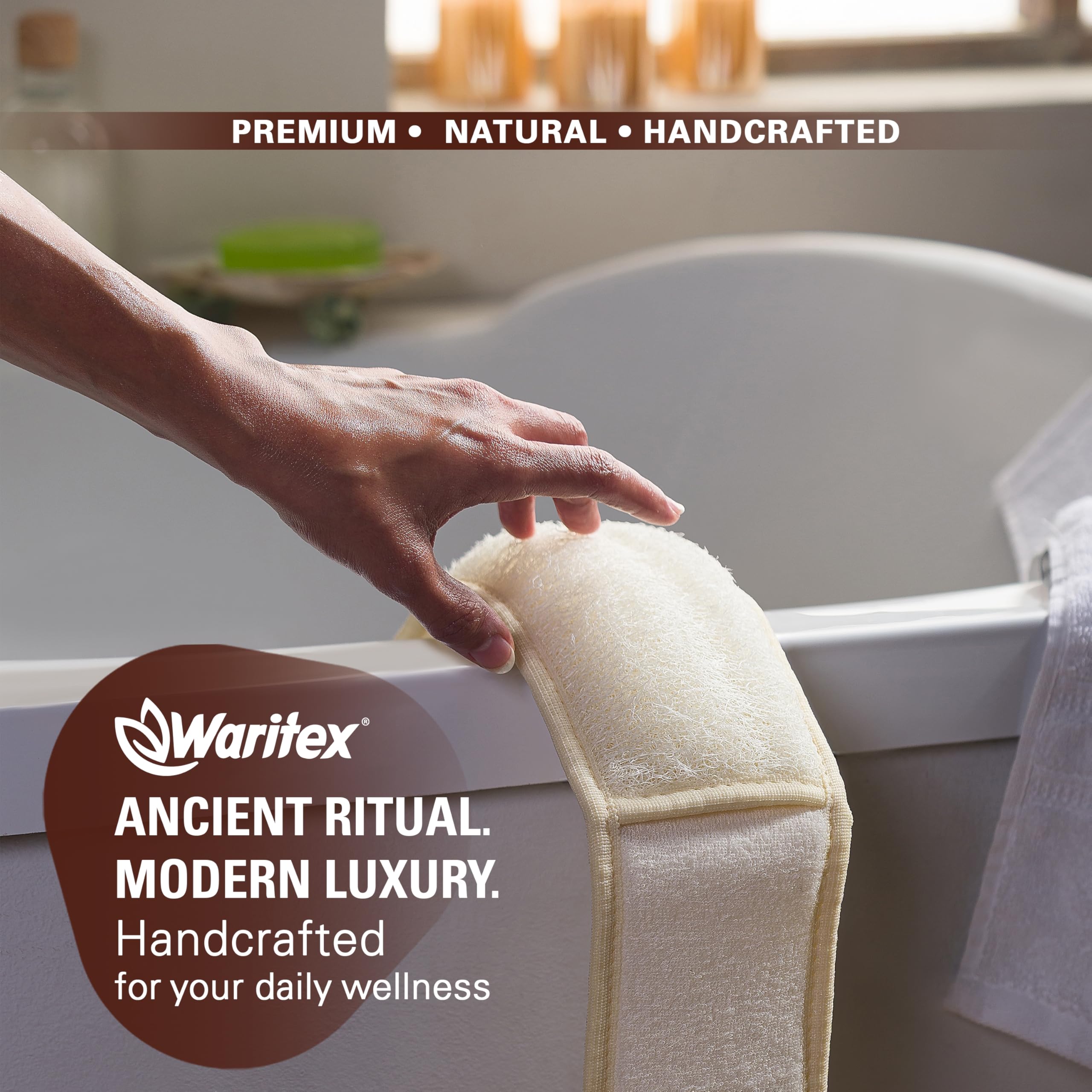 Waritex Natural Egyptian Loofah Back Scrubber for Shower, Extra-Long Exfoliating Strap Made with Natural Egyptian Loofah Fibers, Deep Cleaning Body Sponge for Men and Women – Soft Cotton Handles