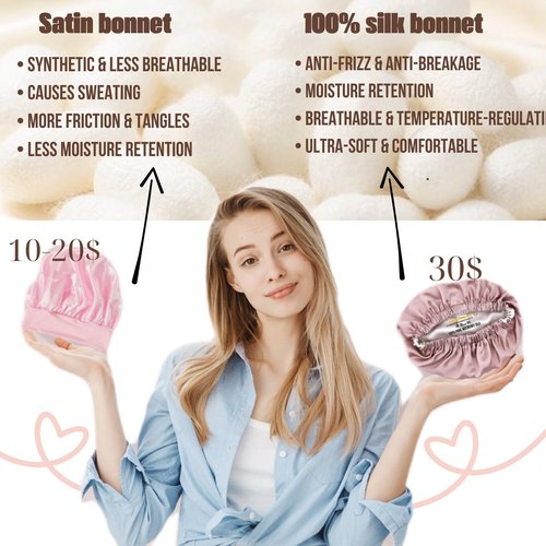 100% Pure Mulberry Silk Bonnet for Sleeping, Double Layer Silk Hair Bonnet, Silk Hairband & Face Wash Headband Set,Silk bonnet with adjustable strap, Silk Night Cap for curly hair , (PinkChampagne)