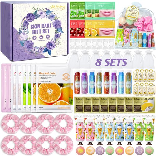 80PCS Spa Party Favors, Include Face Masks, Lip Balm, Hand Cream, Under Eye Patches, Lip Mask, Foot Bath Bombs, Hair Bands,Sleepover Spa Party Supplies,Birthday Kit for Women Girls Gift Skincare Set
