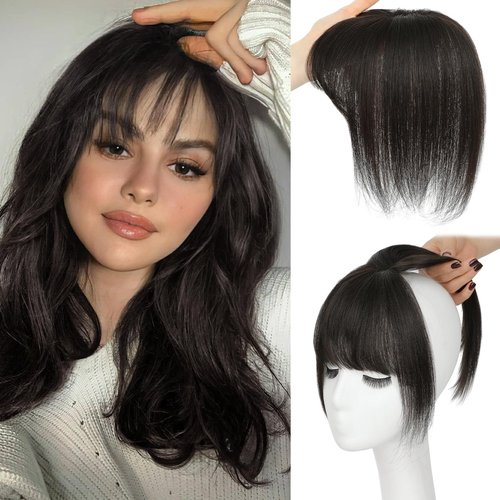 Carendia Bangs Hair Clip Human Hair Natural Black French Bangs for Women Fringe with Temples Hairpieces (Brown Black, 3D Bangs)