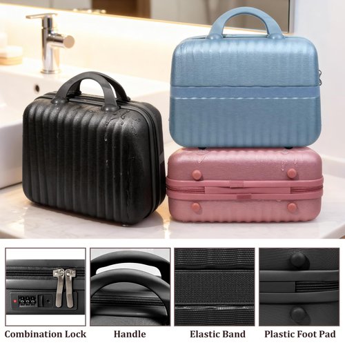 JZRTravel 14 Inch Makeup Train Case with Lock Hard Shell Cosmetic Travel Case w Elastic Strap, ABS Portable Toiletry Bag for Toiletries Make up Storage Case Gift for Women Adult