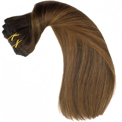 Eufficco Real Human Hair Lace Clip In Hair Extensions Thick ends Ombre Piano Color Dark Brown Roots/Chestnut Blonde 14inch 100g Highlights Balayage Double Wefted Silky Soft Human Hair Extensions