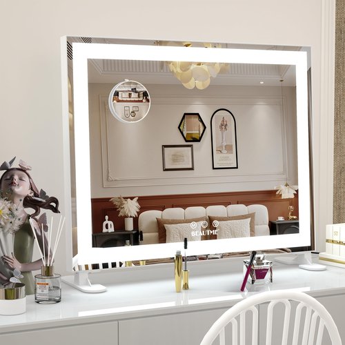 BEAUTME Vanity Mirror With LED Lights - Tabletop Hollywood Makeup Mirror for Bedroom - Aluminium Frame, 48.540.5cm, White