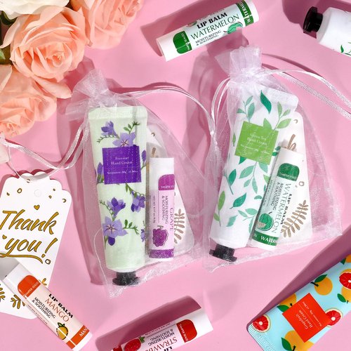 AZEN 24 Sets Bulk Gifts, Hand Cream and Lip Balm Bulk Set with Organza Bag Thank You Card, Baby Shower Wedding Gifts for Guests, Bridal Wedding Favors, Valentines Gift for Women