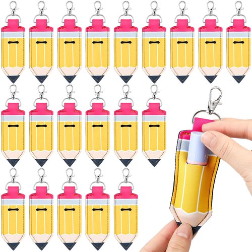 Abbylike 20 Pcs Lipstick Holder Keychain Lip Balm Holder Lipstick Keychain Bulk Pouch Portable Lip Balm Bag with Hook Back to School for Women Teacher Gift (Pencil)