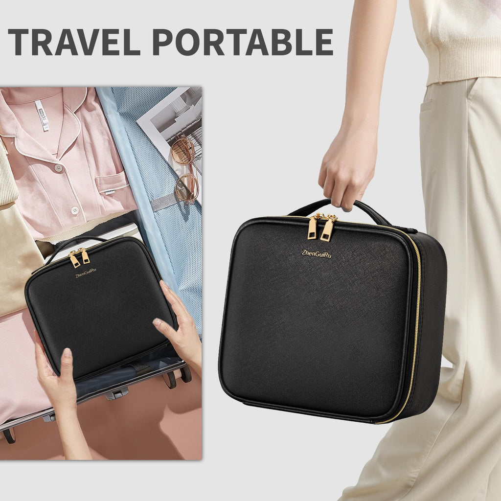 ZhenGuiRu Travel Makeup Bag, Makeup Train Case, Portable Makeup Artist Organizer with Adjustable Dividers, Cosmetic Brush Holder Storeage