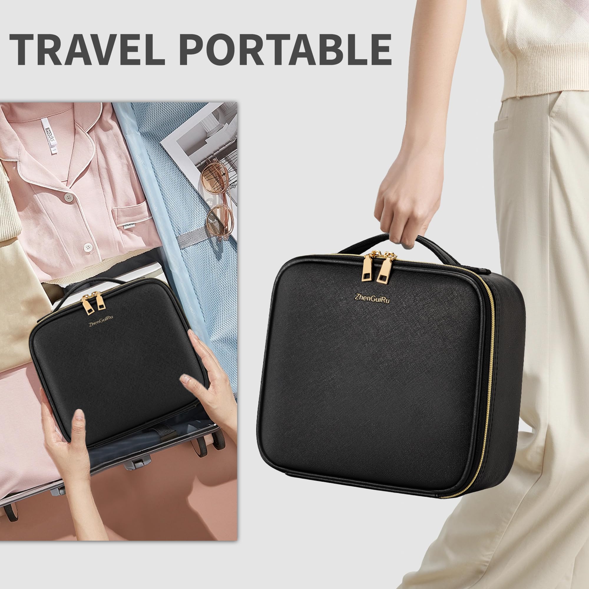 ZhenGuiRu Travel Makeup Bag, Makeup Train Case, Portable Makeup Artist Organizer with Adjustable Dividers, Cosmetic Brush Holder Storeage