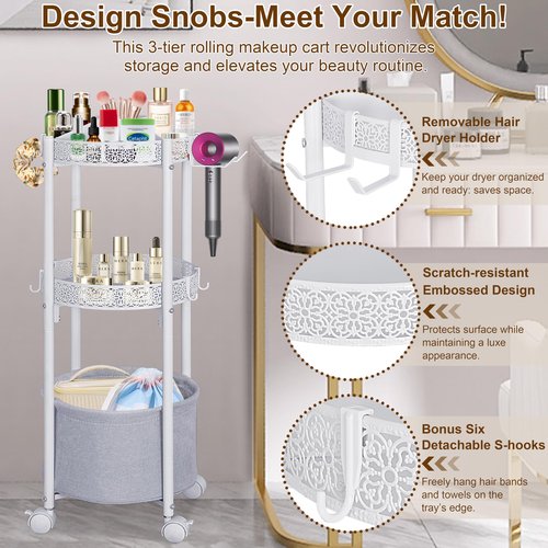 NauwaBarn Rolling Makeup Cart Organizer with Removable Hair Dryer Holder, 3 Tier Round Floor Makeup Organizer with Wheels for Cosmetic, Perfume, Nail Polish, Small Space Bathroom Storage Cart, White