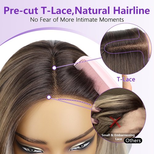 Eawwii Ombre Light Brown With Blonde Glueless Wigs for Women Pre Cut Synthetic Lace Hairline Long Layered Straight Hairstyle 26 Inch