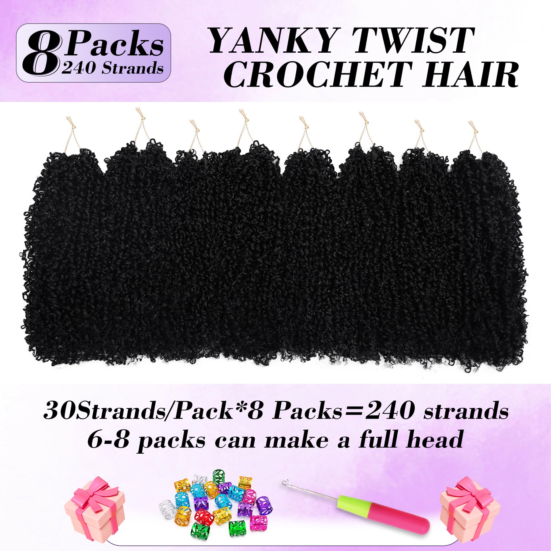 Yanky Twist Crochet Hair for black women 16 Inch 8 Packs 30 Stands/Pc,Pre-looped Fluffy Spring Mini Twist Passion Twist Natural Black Synthetic Crochet Braids Braiding Hair(16 Inch, 1B-8P)