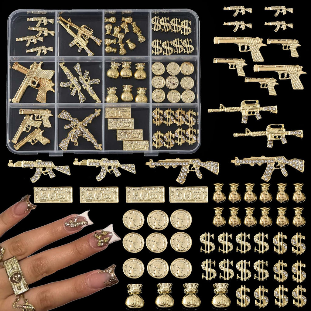 ZUMILLMN 62PCS 3D Nail Charms for Alloy Nails,Set Nail Art Decoration with Gold Dollar, Gun, and Coin,Nail Stones and Jewels Accessories for Nail Supplies Manicure Craft DIY(Gold)