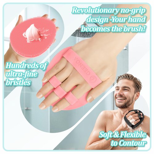 GEENOA Upgrade Silicone Bath Glove 2PCS, 360° Anti-Slip & Enlarged Silicone Body Scrubber for Rich Foam Deep Cleaning, Revolutionary No-Grip & Hand-fit Shower Scrubber for All Skin Types(Black+Pink)