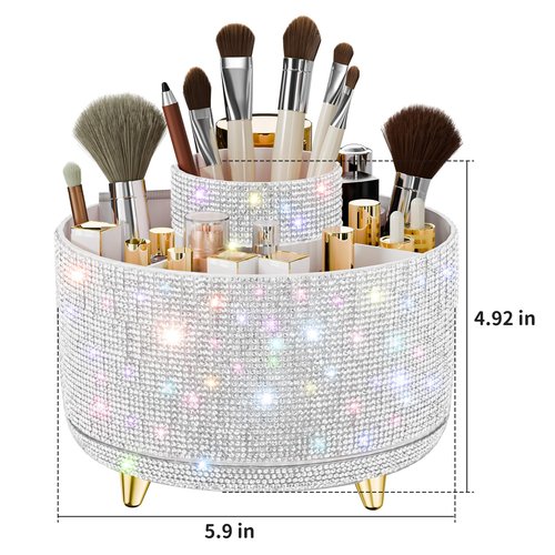 fanado Bling Diamond Makeup Brush Holder, 360° Rotating Makeup Organizer, 5 Slot Make up Brushes Cup for Countertop, Storage for Cosmetics Pen Eyeliner Skincare on the Vanity (Diamond white)