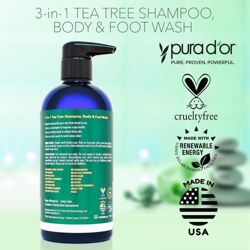 PURA D'OR 3-in-1 Tea Tree Shampoo, Body & Foot Wash, Shampoo (16oz x2 = 32oz) Total Body Care - Foot Odor & Daily Hygiene, Cleansing Routine, Post-Workout Refreshment - Soothes, Invigorates, Nourishes