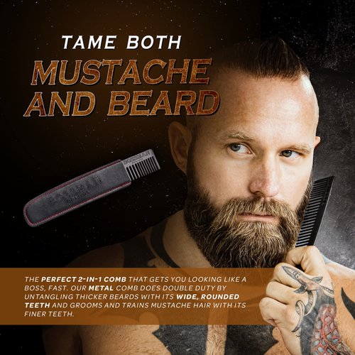 Bossman Metal Grooming Comb for Men - Mustache and Beard Styling Tool with Leather Pocket Case (Black)