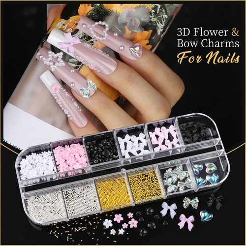 Teentior Nail Charms Nail Stickers with Nail Gems Kit, 8 Boxes Nail Art Rhinestones Gold Rhinestones for Nails, Nail Charms and Gems Pearls for Nails, 3D Nail Art Design Kit Nail Decorations for Women