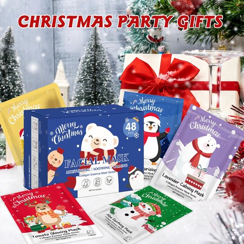 KONEUK 48 Pack Christmas Facial Masks for Stocking Stuffers, Bulk Moisturizing Facial Masks Set for Women Skin Care, Sheet Face Masks Skincare, Cute Christmas Gifts for Women