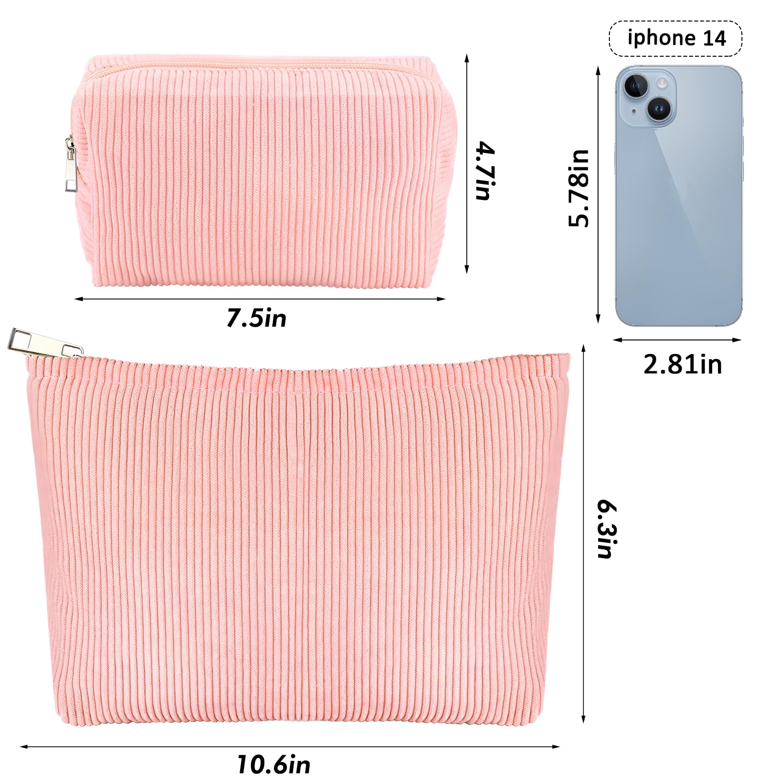 ZLFSRQ 2Pcs Corduroy Makeup Bag Cute Travel Cosmetic Bag Set for Women Large Small Corduroy Zipper Makeup Pouch for Purse Cosmetic Pouch Aesthetic Portable Skincare Toiletry Bags Organizer (Pale Pink)